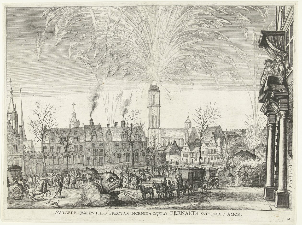 Vuurwerk; intocht van Ferdinand te Gent 1635 (nr 41) Res dig upp, som du ser på den brinnande elden på himlen Fernandis kärlek tänds (titel på objekt) En bild på nattens bränder i Hippodromen och tornet av Anonymous