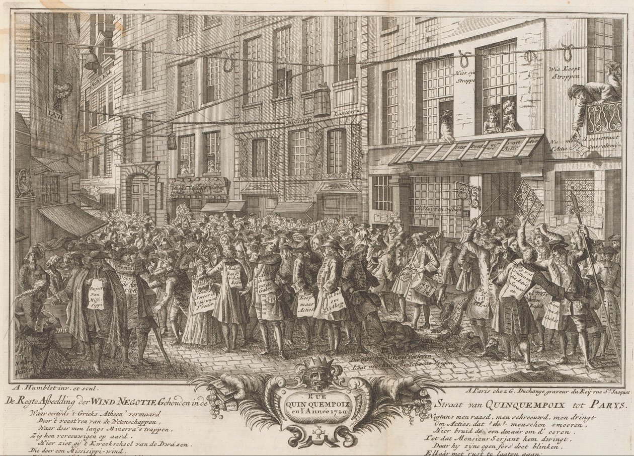 Vindhandel i Rue Quinquempoix, 1720 De Regte Bild av vindförhandlingen som hålls i Quinquempoixsundet till Parys (titel på objektet) The Great Scene of Folly (serietitel) av Anonymous