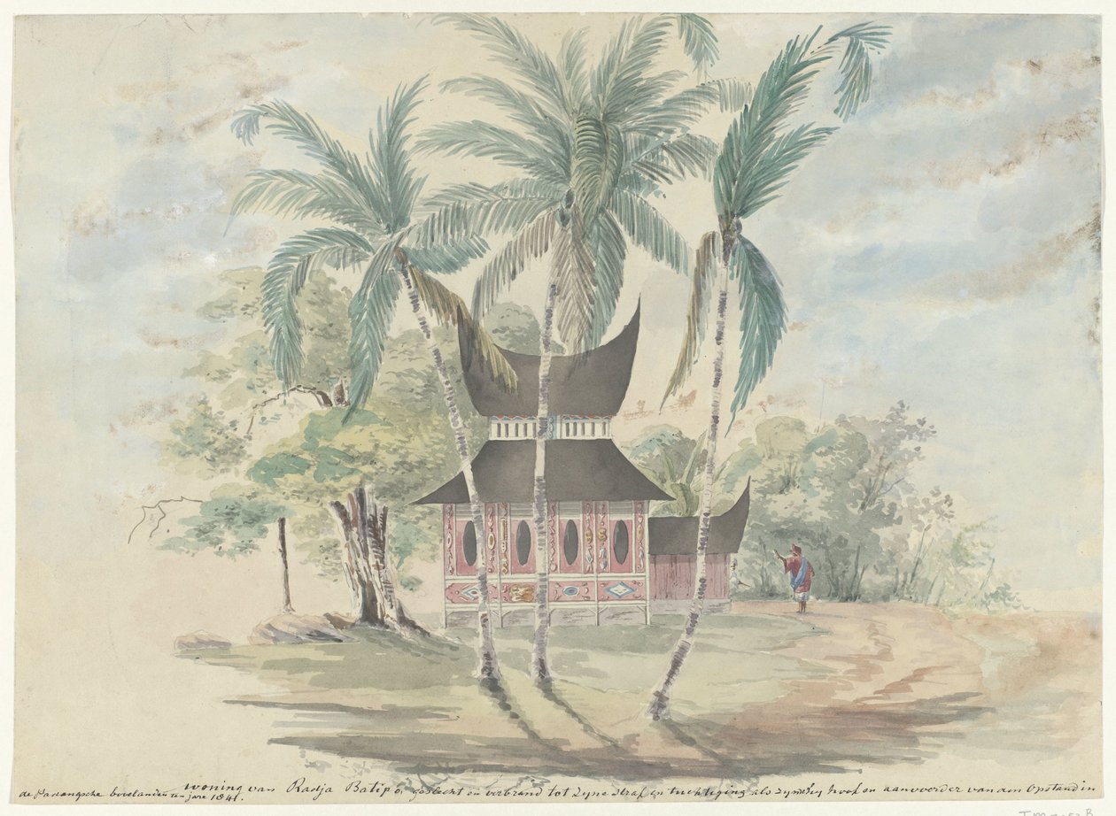 Radja Batipos hus, revs och brändes till hans straff och tuktan som chef och ledare för revolten i Padangsches högland år 1841 (titel på objekt) av Anonymous