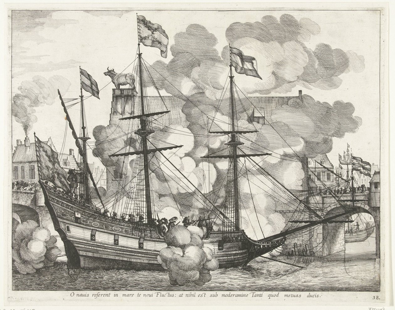 Zeilschip, till rätt; intocht van Ferdinand te Gent 1635 (nr 38) O skepp, nya vågor kommer att bära dig ut i havet: men det finns ingenting under kontroll av den som du fruktar att leda (titel på objekt) Andra sjömäns triumferande skepp av Anonymous