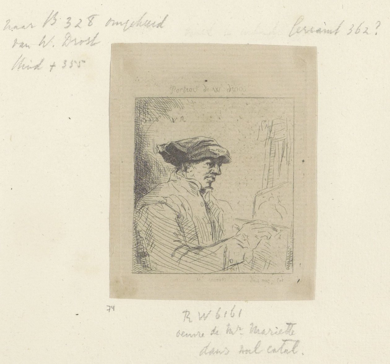 Självporträtt av Willem Drost framför åsnan Recueil de quatre-vingt-cinq estampes originales (serietitel) av Anonymous