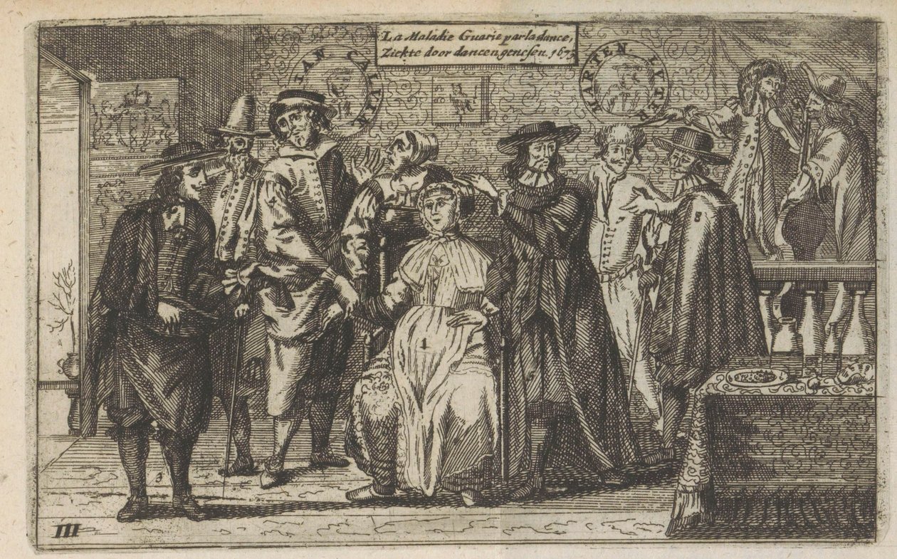 Curing Illness by Dancing, 1673 La Maladie Guarie par la dance / Sjukdom botad genom dans. 1673 (titel på objekt) av Anonymous