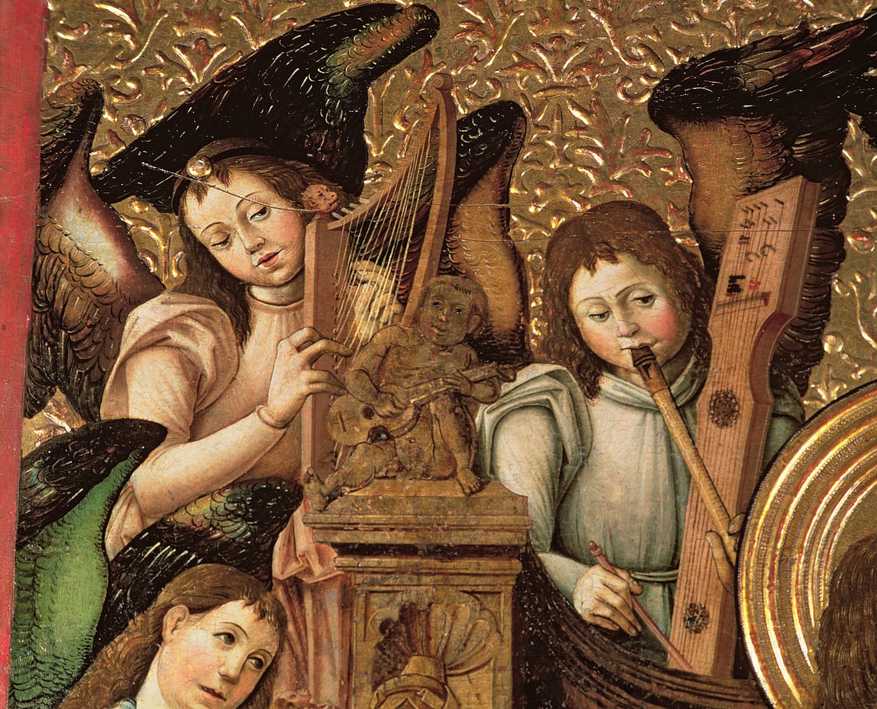 126-0035385 Centralpanel i en altartavla tillägnad St. Vincent Martyren av Zaragossa, detalj av änglar som spelar harpa, flöjt och gitarr, ca 1466-87 av Anonymous Anonymous