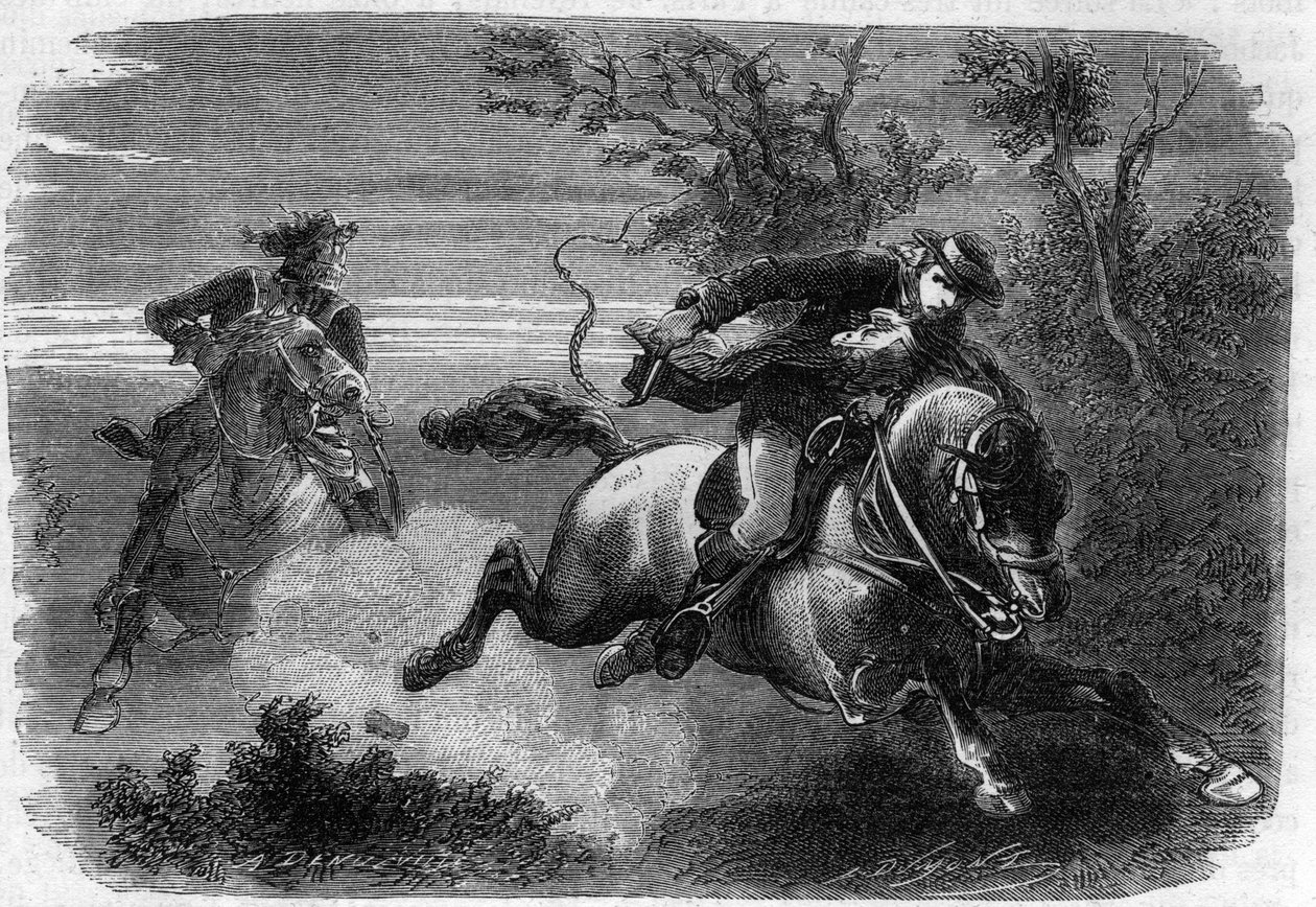 21 juni 1791 - Jean-Baptiste Drouet (Jean Baptiste Drouet) med sin vän Jean-Chrisosthome Guillaume på väg mot Varennes för att hitta spår av kung Ludvig XVI - Gravyr i "Histoire des Girondins"" av Alphonse de Lamartine (1790-1869-) 1865 1866. Privat av Anonymous Anonymous