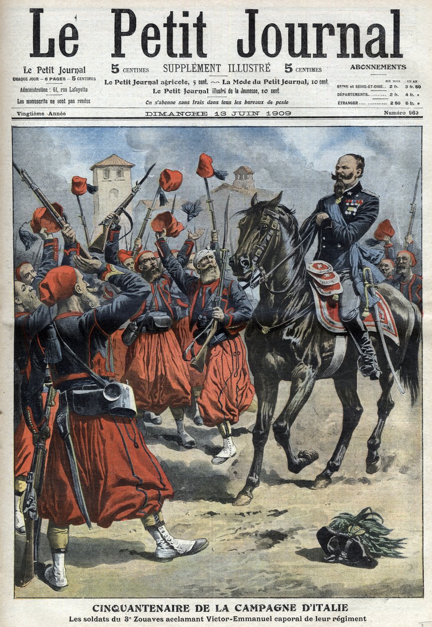 50-årsjubileum av den italienska kampanjen: soldaterna från Zouavernas 3:e regemente jublar kung Victor Emmanuel III (Victor Emmanuel, Vittorio Emanuele 3) till korpral för deras regemente efter slaget vid Palestro - "The Petity Journal" av 1 av Anonymous Anonymous