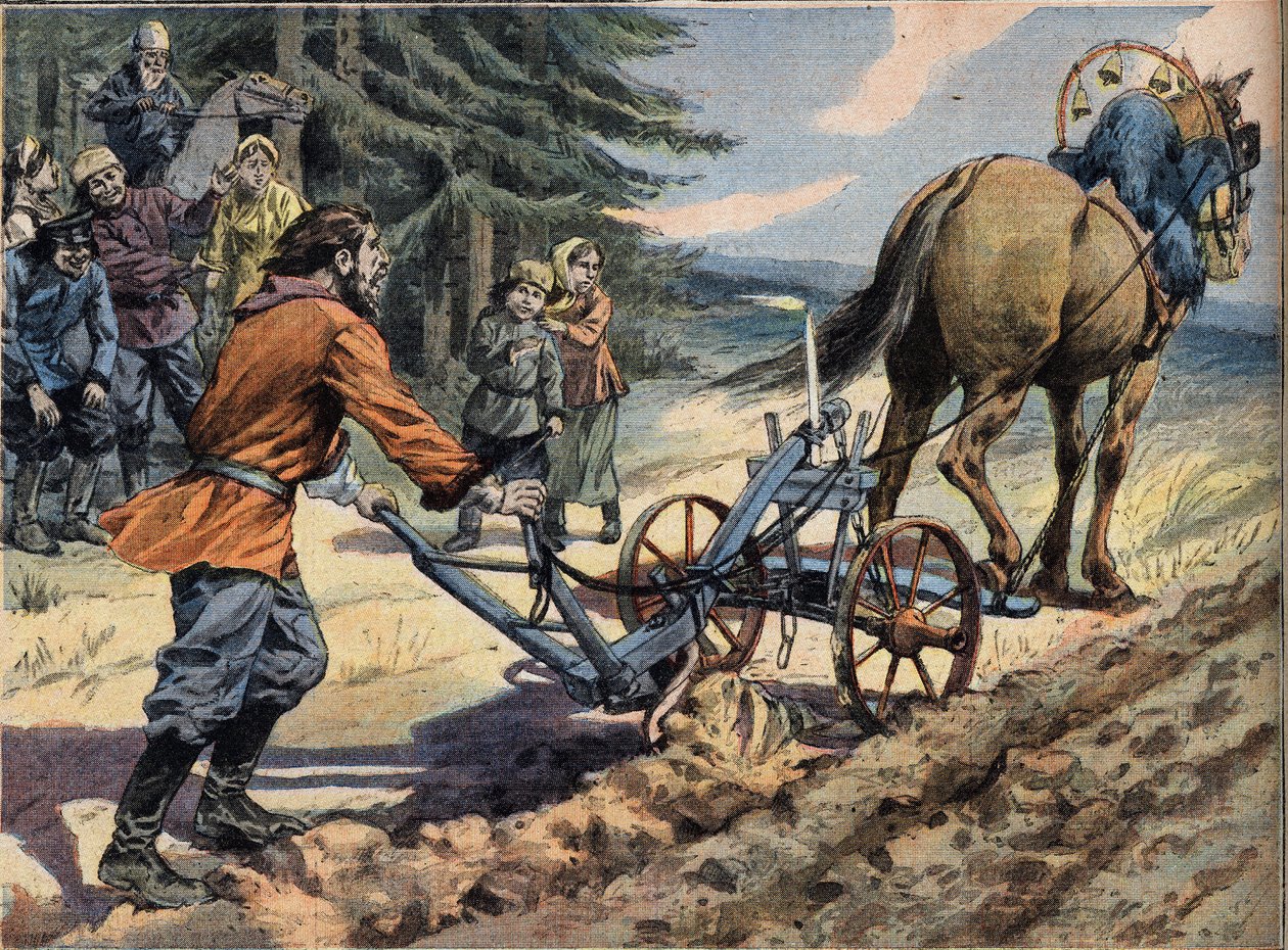 En rysk bonde som plöjer åkern med hjälp av en plog som det är lagt ett ljus på. Conte de Easter Gravyr från tidningen "" Le Petro Parisien", den 19/04/1908. Privat samling. av Anonymous Anonymous