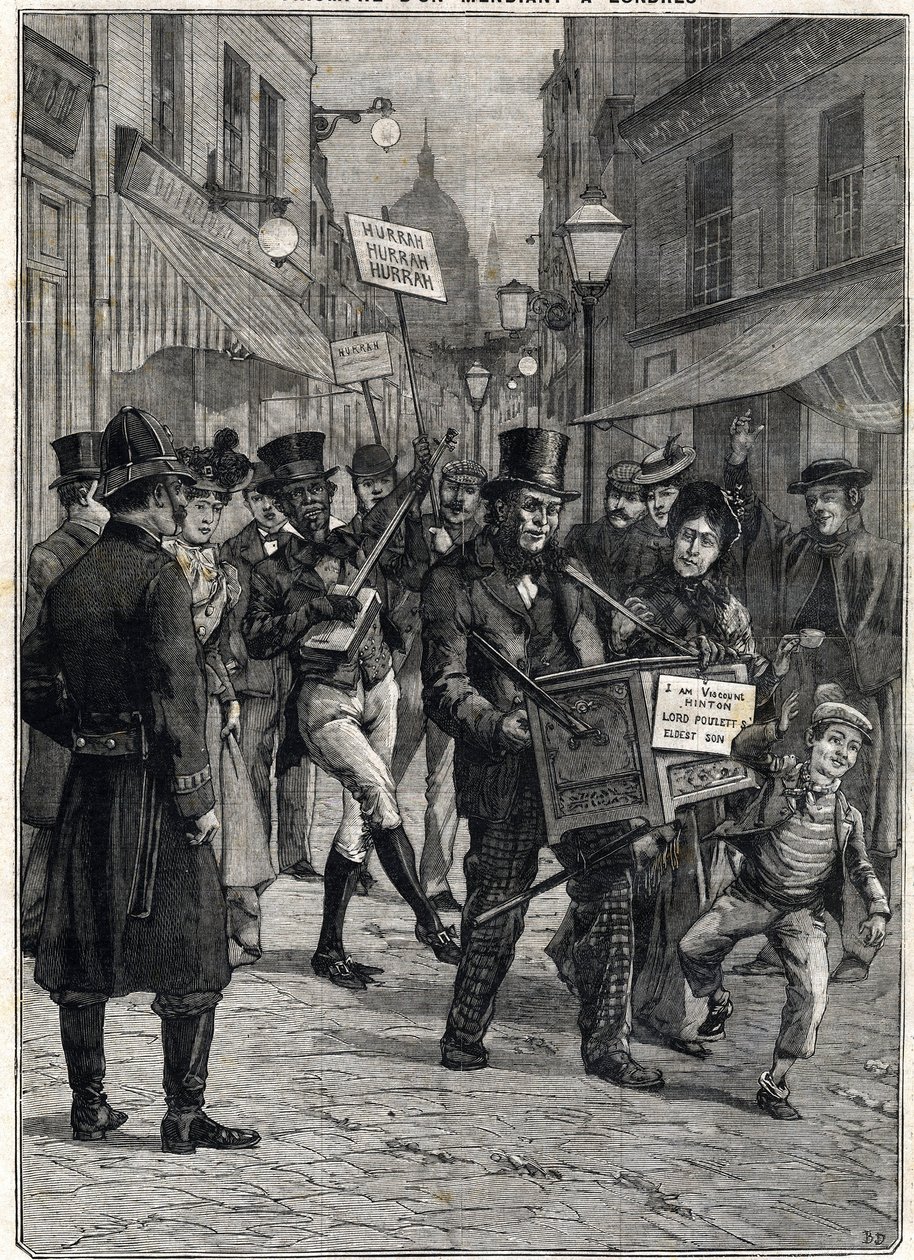 En tiggare vid namn Viscount Hinton, en barbarisk orgelspelare på Londons gator, blev miljonär efter sin far Lord Pouletts död, som arrenderade honom hans förmögenhet. Gravyr. I "" Le Petite Parisien"", den 12/02/1899. Privat samling. av Anonymous Anonymous