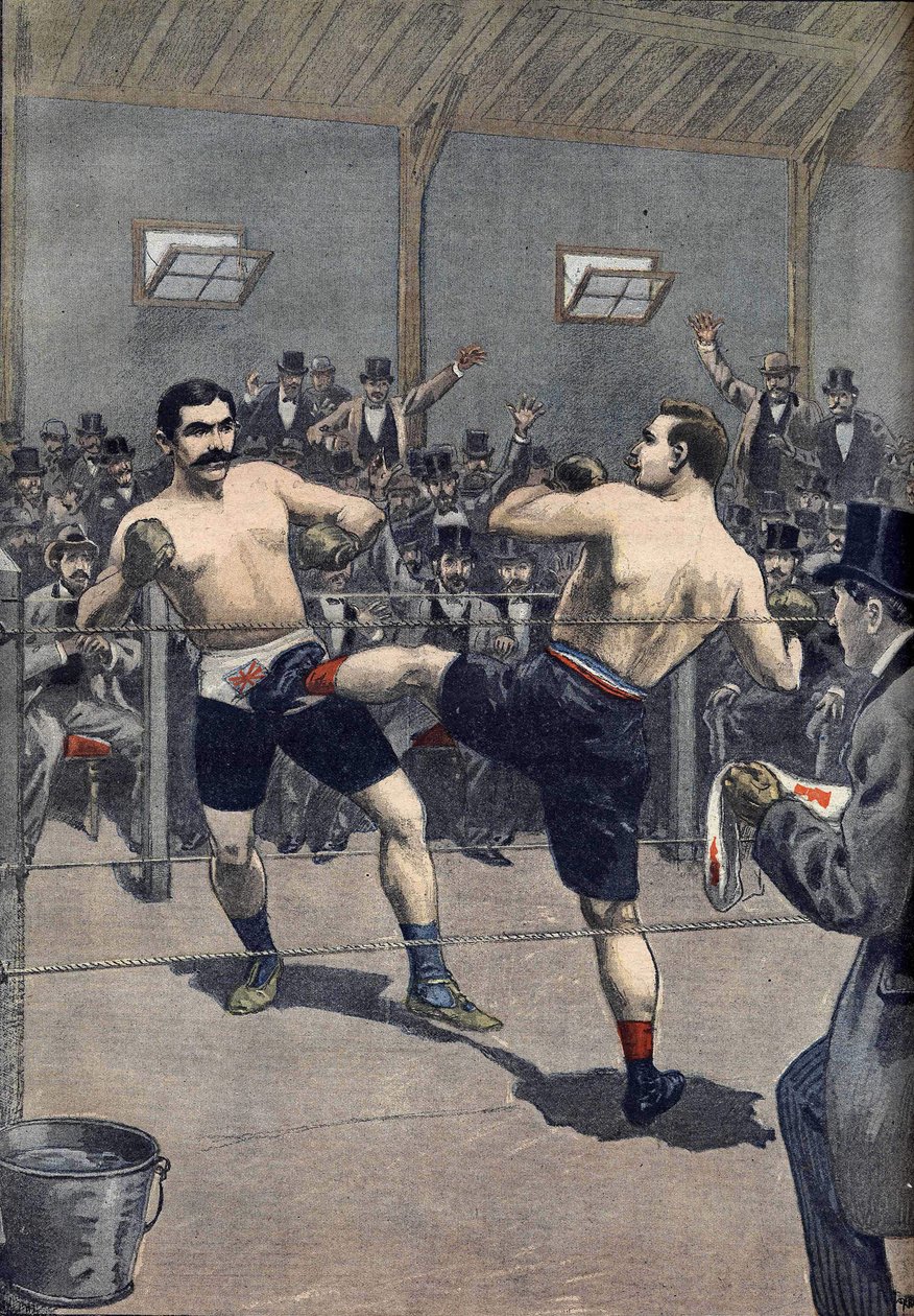 Ett boxningsanfall: franske mästaren Joseph Charlemonts (1839-1918) seger mot Jerry Driscoll med tekniken "savate""" i Le Petit Journal 1899 av Anonymous Anonymous