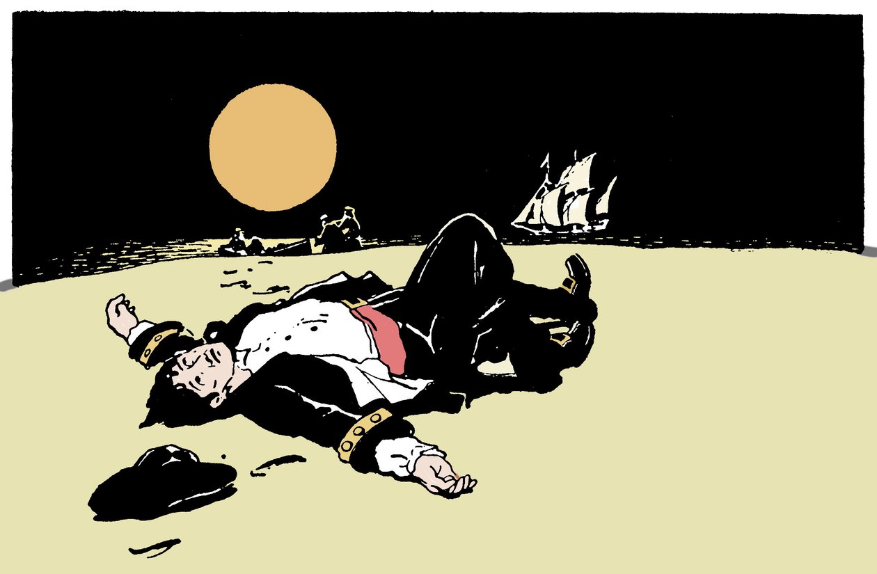 En kapten dödad av pirater blir övergiven på en ö, piratskeppet flyttar iväg vid horisonten Illustration från "The Boys Books of Pirates"" 1913 av Anonymous Anonymous