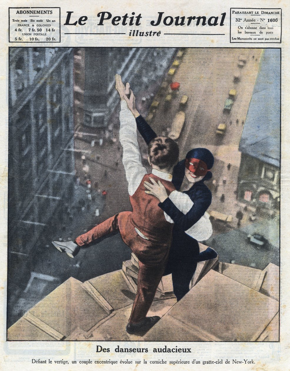 Ett par extrema dansare, utvecklas på kanten av en skyskrapa i New York. Illustration hämtad från "Le petit journal illustré" av 1921-08-21. Privat samling av Anonymous Anonymous