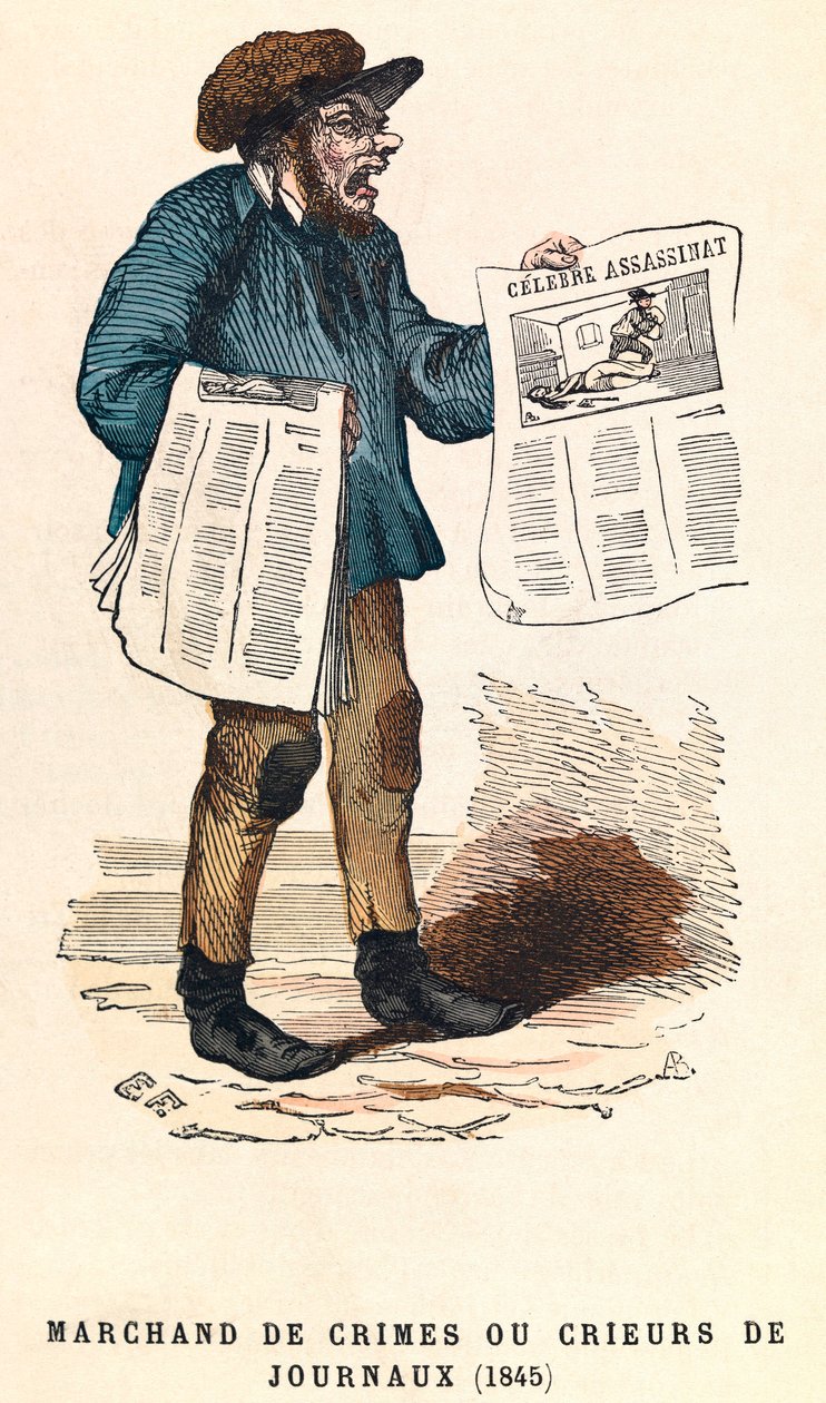 En ropare av tidningar 1845, gravyr, privat samling - Tidningsförsäljare i Paris av Anonymous Anonymous