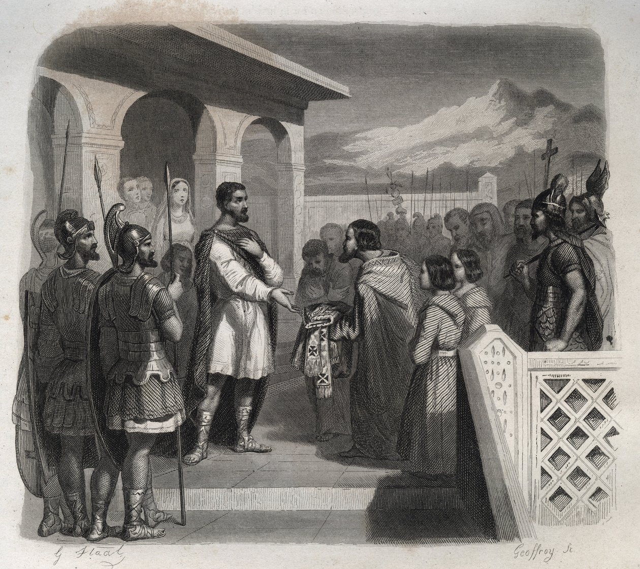 En deputation av staden Clermont erbjuder biskopsämbetet till Saint Sidoine Apollinar (Caius Sollius Apollinaris Sidonius) politiker, eveque och gallo-romersk författare (430-486). Gravyr från 1846 i "" Lives of the saints"". Privat samling. av Anonymous Anonymous
