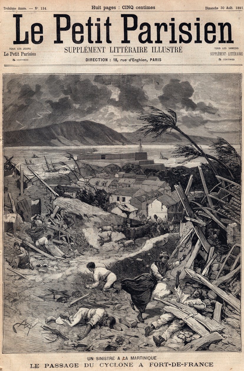 En katastrof på Martinique: cyklonens passage i Fort-de-France (Fort de France) 1891. Gravyr i "" Le petit Parisien"" från augusti 1891. Privat samling. av Anonymous Anonymous