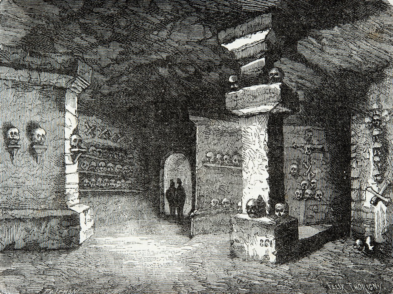 Ett galleri med katakomber i Paris på 1800-talet, Gravyr, Privat samling av Anonymous Anonymous