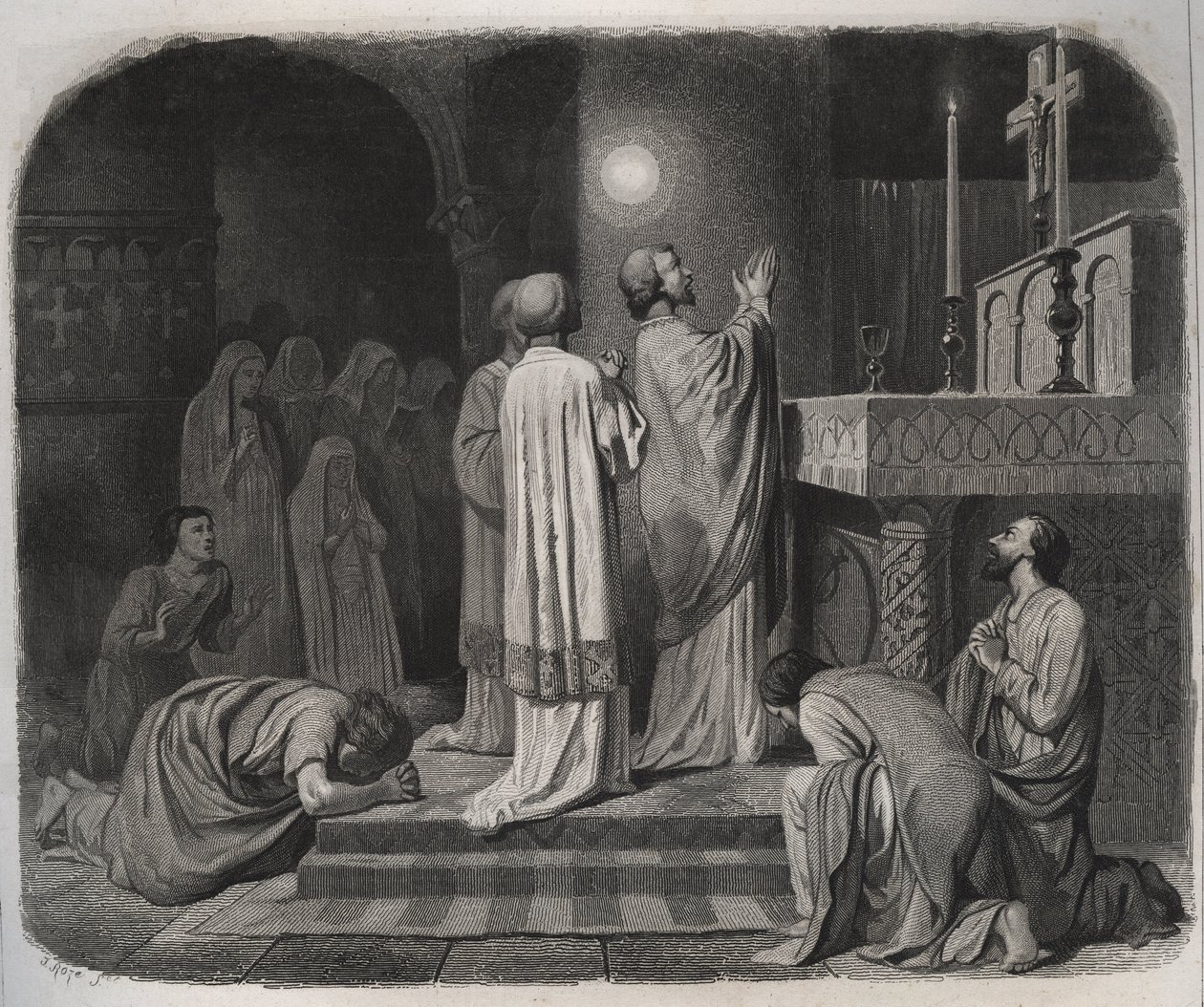 En glob av eld dyker upp ovanför SAINT MARTIN eveque de Tours (316-397) medan han arbetar. Gravyr från 1846 i "" Lives of the saints"". Privat samling. av Anonymous Anonymous
