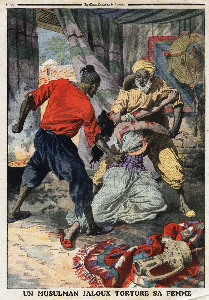 En svartsjuk muslim torterar sin fru: en kvinna misshandlad i departementet Constantine i Algeriet. Gravyr i "" Le Petite Journal"", den 28/01/1912. Privat samling. av Anonymous Anonymous