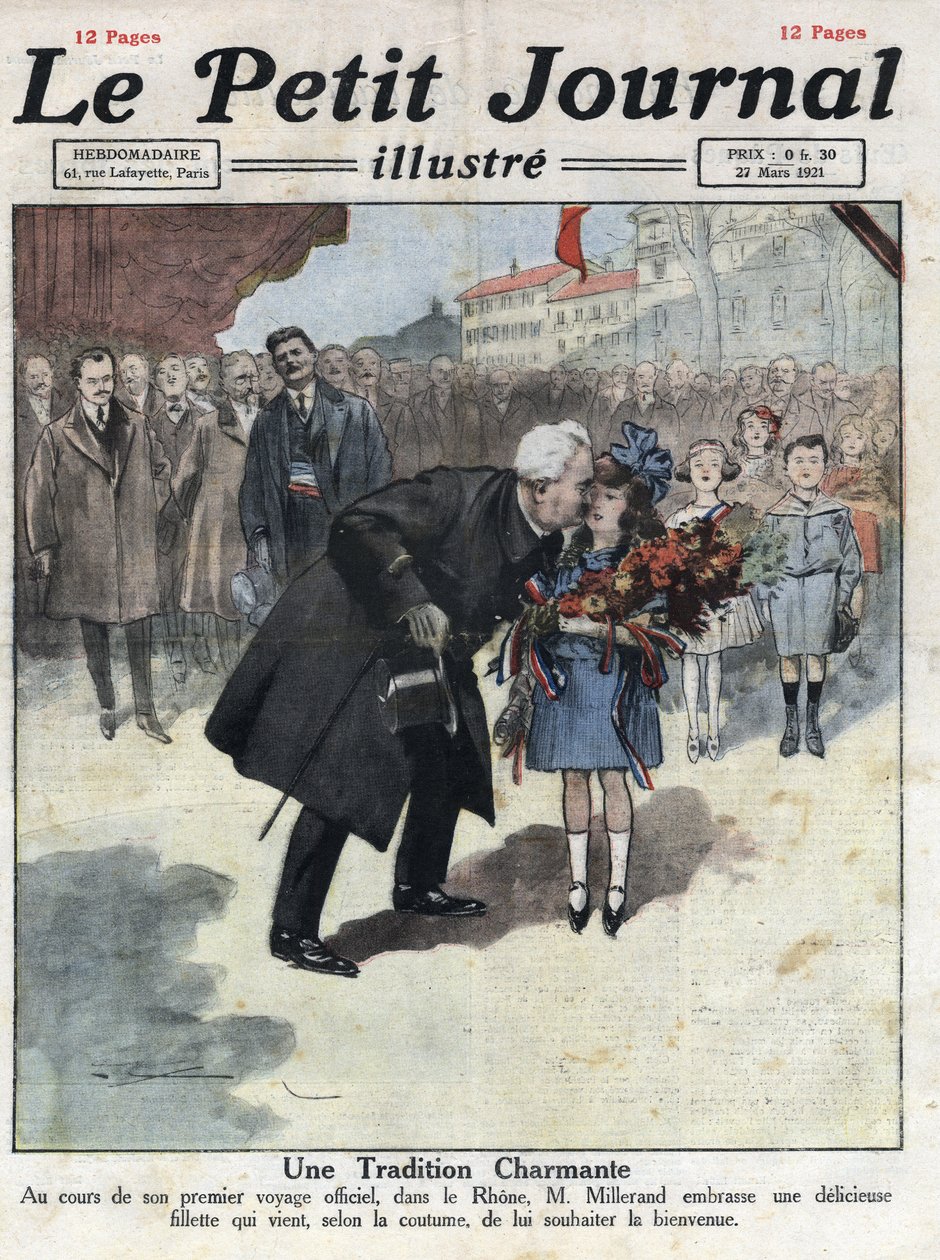 En liten flicka erbjuder en bukett i trefärgade färger till republikens president Alexandre Millerand under en av hennes förflyttningar i Rhone. Illustration hämtad från "" Le petit journal"" från 1921-03-27. Privat samling av Anonymous Anonymous