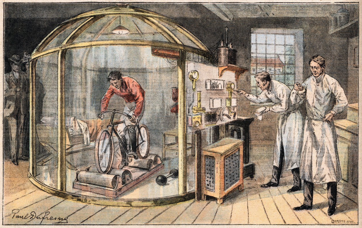 En man i en klocka: erfarenhet av förbrukningen av mänsklig energi utförd av engelska vetenskapsmän. Gravyr från tidningen "" Le Peute Parisien"", den 24/05/1908. Privat samling. av Anonymous Anonymous