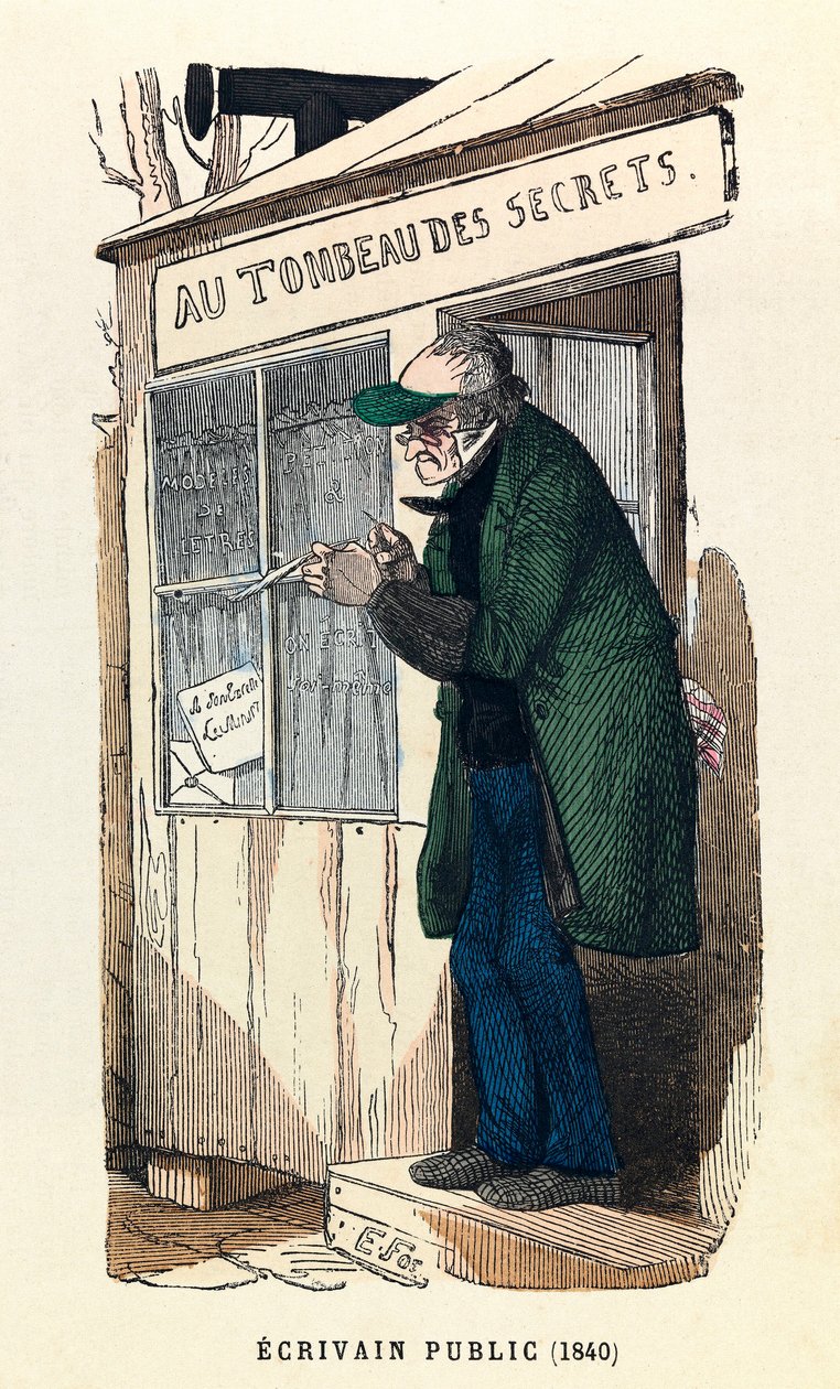 En offentlig författare 1840 i Paris, gravyr, privat samling - En offentlig författare i Paris av Anonymous Anonymous
