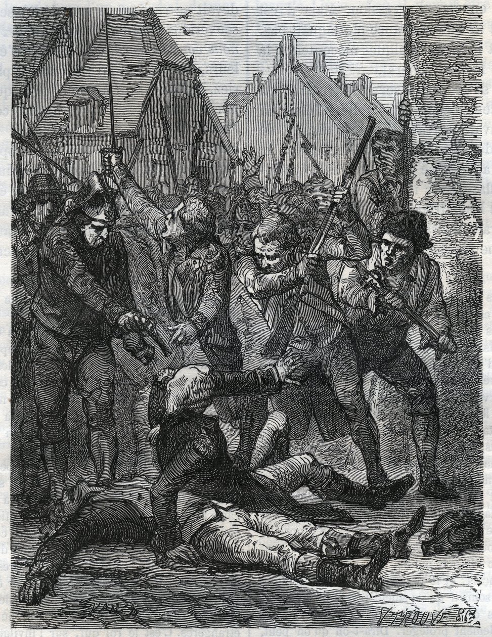 En scen under perioden av den franska revolutionen: Theobald de Dillon (1745-1792) och en andeofficer vid namn Berthois, massakrerades av soldaterna och folket i Lille, som anklagade dem för förräderi. Gravyr från 1866 i ”Histoire de la Revolution fr av Anonymous Anonymous