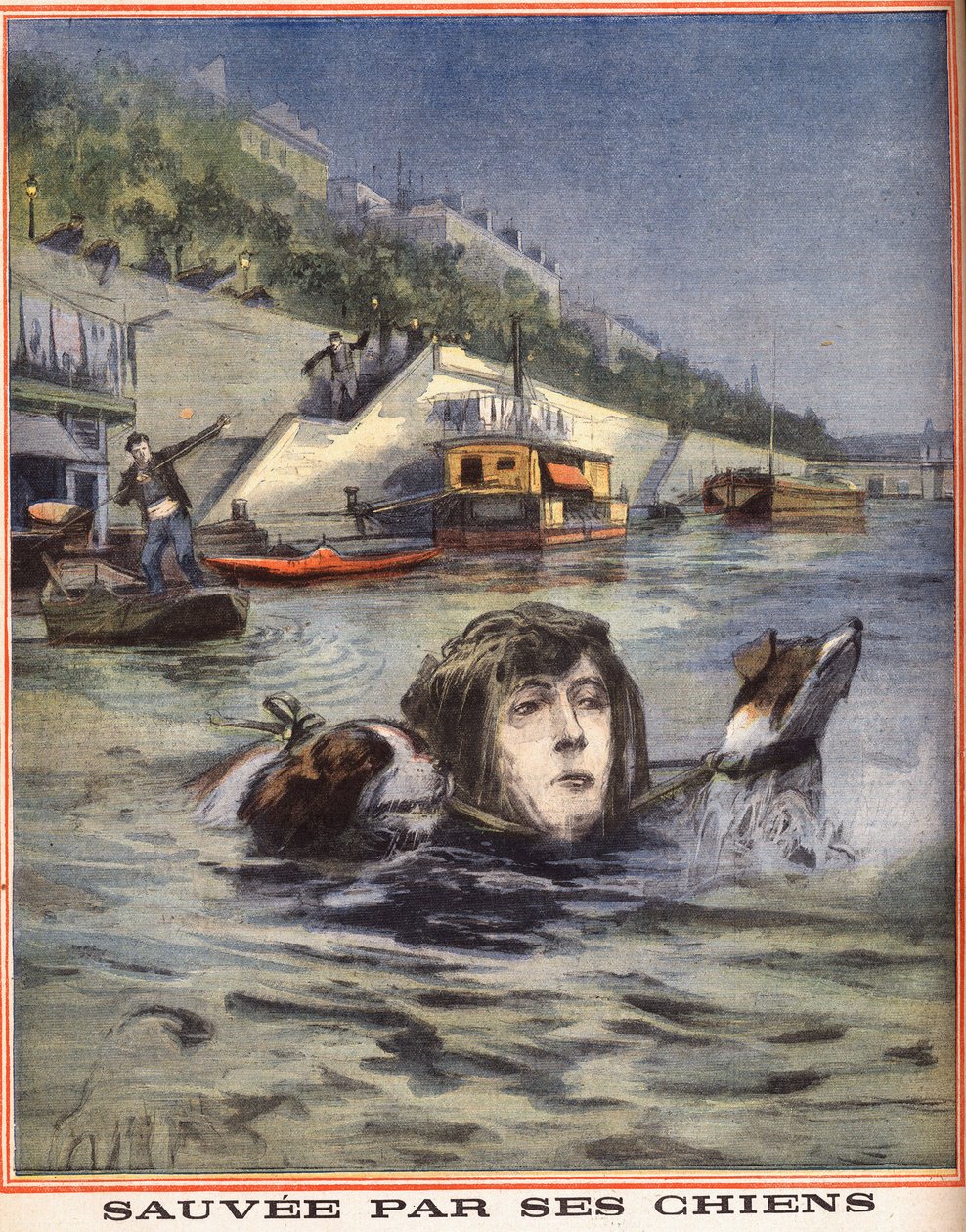 En kvinna faller i Seine räddas av sina hundar i Paris. Gravyr i "" Le petit parisien"" den 14/08/1910. Privat samling. av Anonymous Anonymous