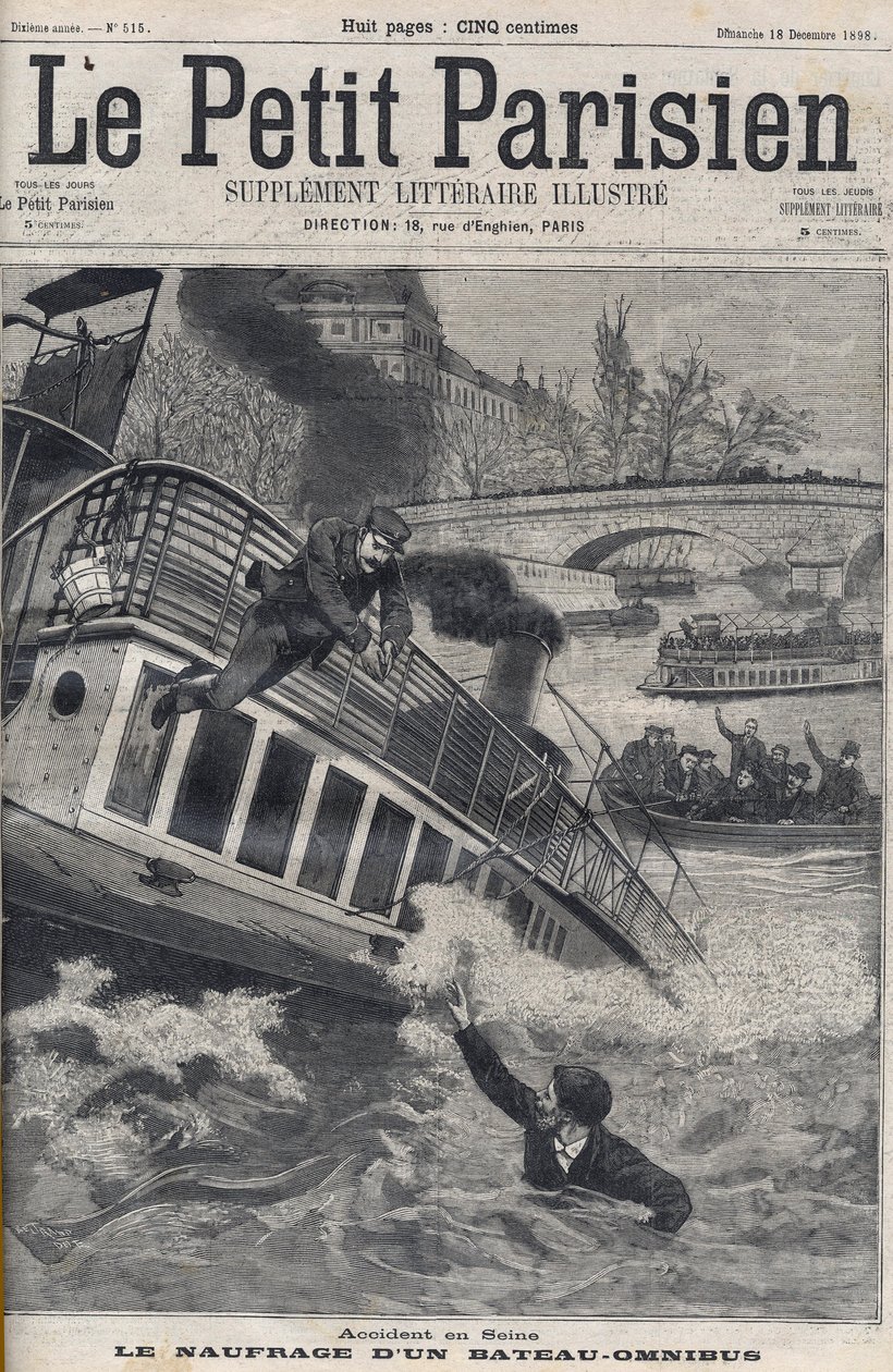 Olycka i Seine i Paris - Förlisningen av en omnibusbåt: besättningen på båten hoppar in i Seine för att fly. Le Petit Parisien, den 18/12/1898. av Anonymous Anonymous