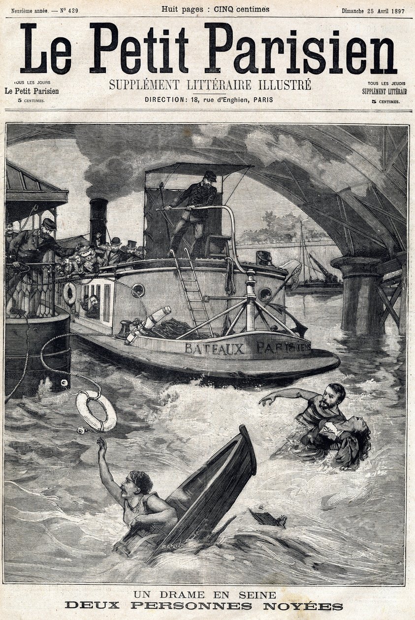 Olycka i Seine: två personer i en drunknad båt. I "" Le Petit Parisien"" den 25/04/1897. av Anonymous Anonymous