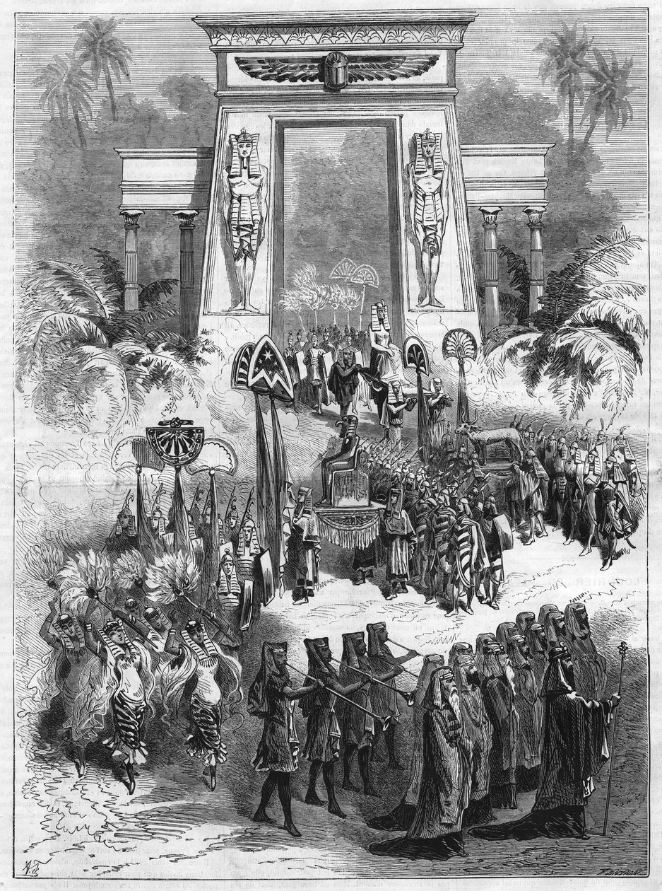 Akt II av stycket, Aida. Stor opera i fyra akter och sju målningar av Giuseppe Verdi (1813-1901) spelar på den italienska teatern i Paris. Gravyr i "" L