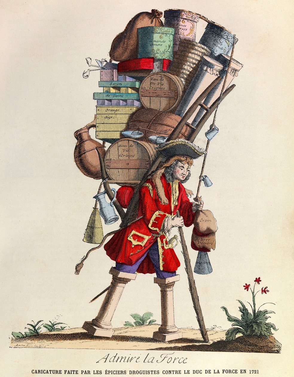 Beundra La Force-karikatyren gjord av drogisterna i Paris mot hertigen av La Force 1721 (regne av kung Ludvig XV) - privat samling av Anonymous Anonymous