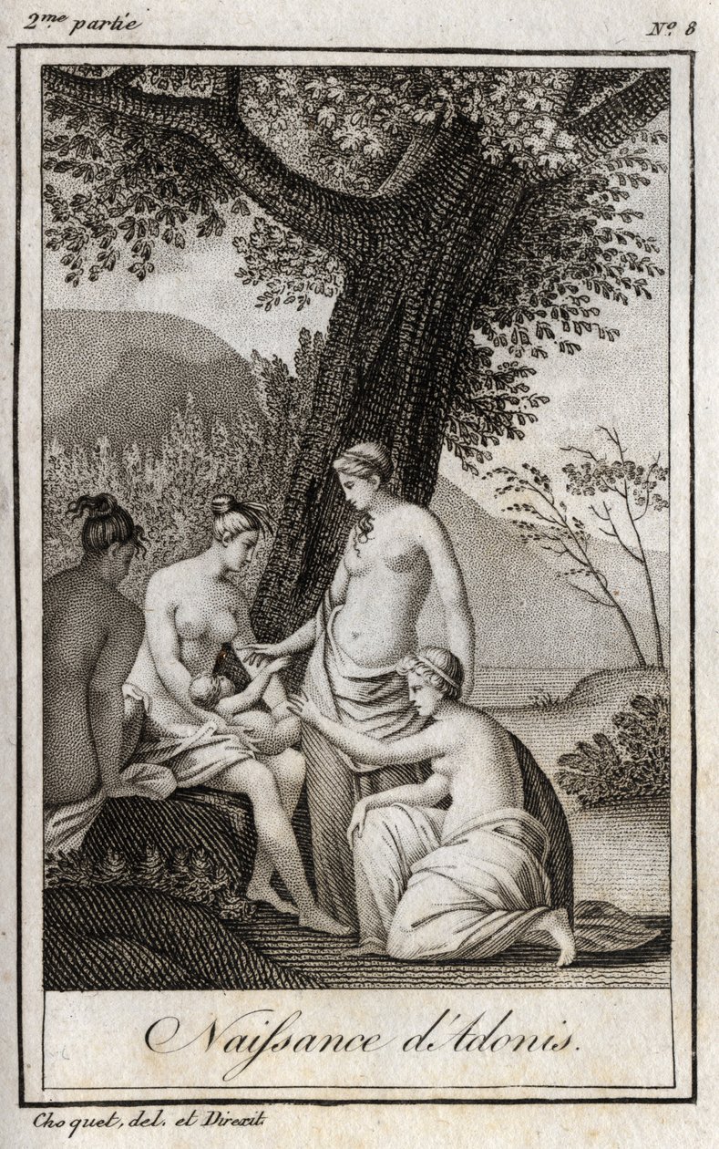 Adonis är född. Gravyr från 1819 i "Lettres a Emilie sur la mythologie" av Charles Albert Demoustier (1760-1801). Privat samling. av Anonymous Anonymous