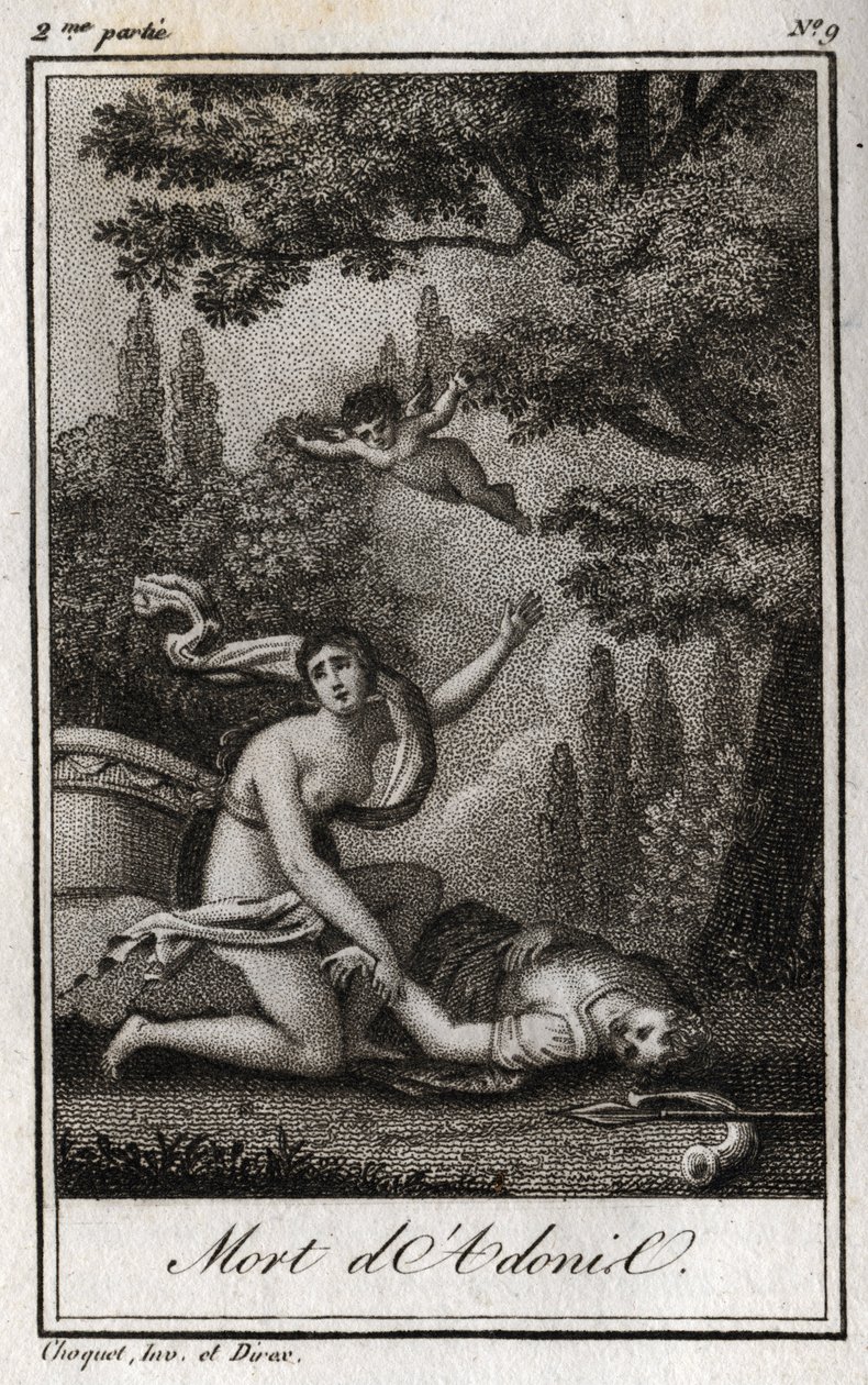 Adonis död. Gravyr från 1819 i "Lettres a Emilie sur la mythologie" av Charles Albert Demoustier (1760-1801). Privat samling. av Anonymous Anonymous