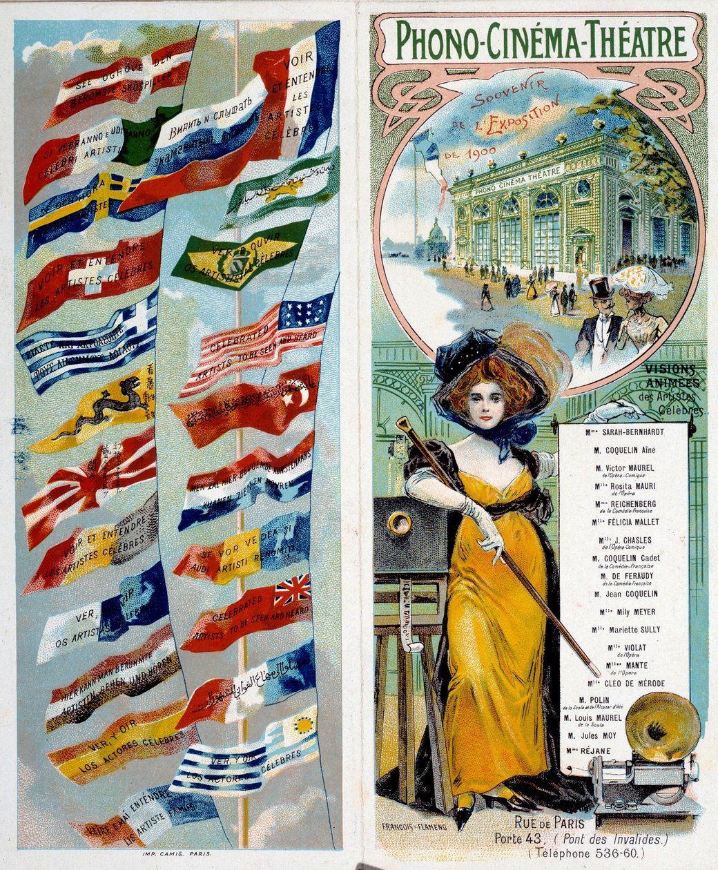 Reklam: Phono - bio - teater: se och hör kända artister. Kromolitografi publicerad på 1900 års världsutställning med flaggor från olika länder. Paris, Musee Carnavalet - Affischreklam "" Phono - biograf - teater: se och hör f av Anonymous Anonymous
