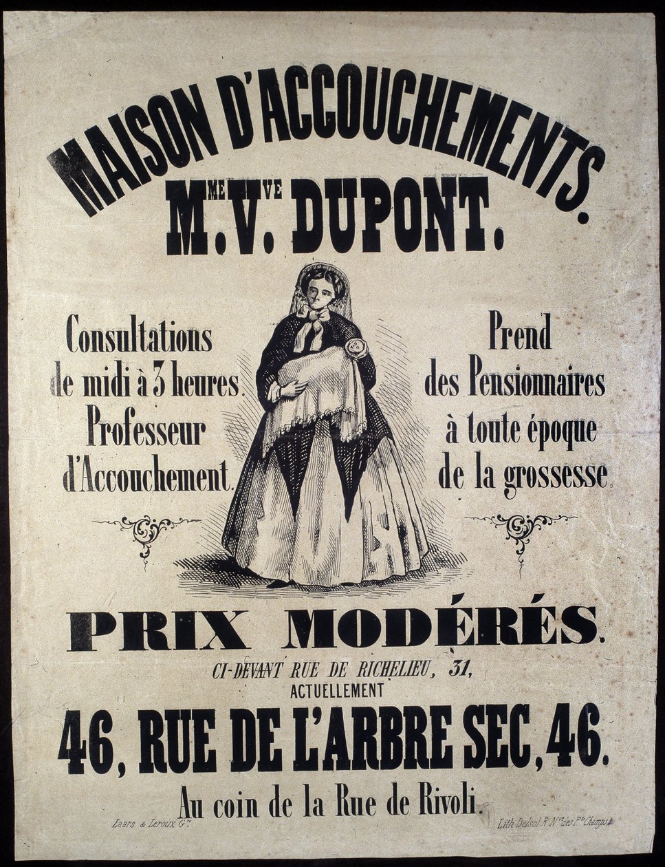 Annonsering för ett födelsehem (moderskap) i Paris 1850. Madame Dupont, låga priser på 46 rue de l
