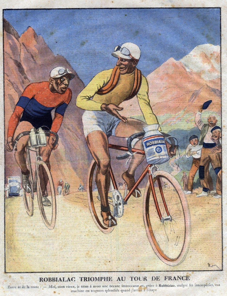 Reklam för målningen Robbialac: "" Robbialac triumf i Tour de France"". En cyklist säljer fördelarna med Robbialac-färg till sin cykel. Gravyr. En av "The Little Journal Illustrates" av Anonymous Anonymous