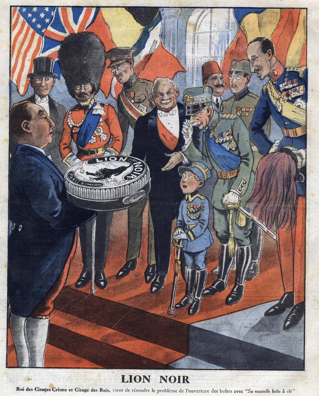 Reklam för det polerande "" Black Lion", "King of Shine Creme och Shine of Kings", har precis löst problemet med att öppna lådor med "" Hans nya nyckellåda"". Från vänster till höger kan vi se: USA:s president Calvin Coolidge (1872-1933), kung George V (18 av Anonymous Anonymous