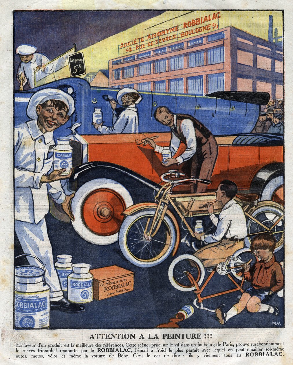 Reklamillustration för tavlor Robbialac lämplig för alla användningsområden (bil, bil, motorcykel, cykel). Illustration från "" Le petit journal"" 1925-02-22 Samling privee av Anonymous Anonymous