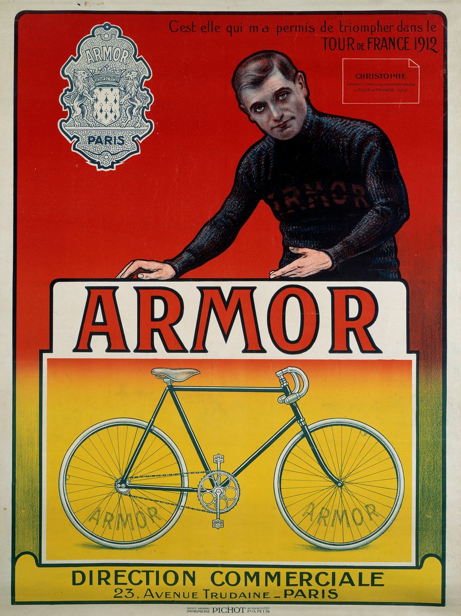 Reklamaffisch för cykeln "" Armor"" med cyklisten Eugene Christophe (1885-1970), vinnare av 3 etapper och 2:a i den allmänna klassificeringen av Tour de France 1912: "" Det är hon som tillät mig att triumfera i Tour de France 1912, sd 1900-talet av Anonymous Anonymous
