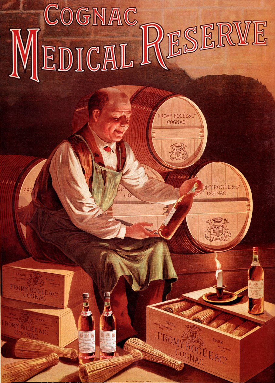Reklamaffisch för konjaken Fromy, Rogee och Cie: medicinsk reserv. En man i sin vinkällare tittar med nöje på en flaska konjak. Anonym illustration. Debut 1900-talets privatsamling av Anonymous Anonymous