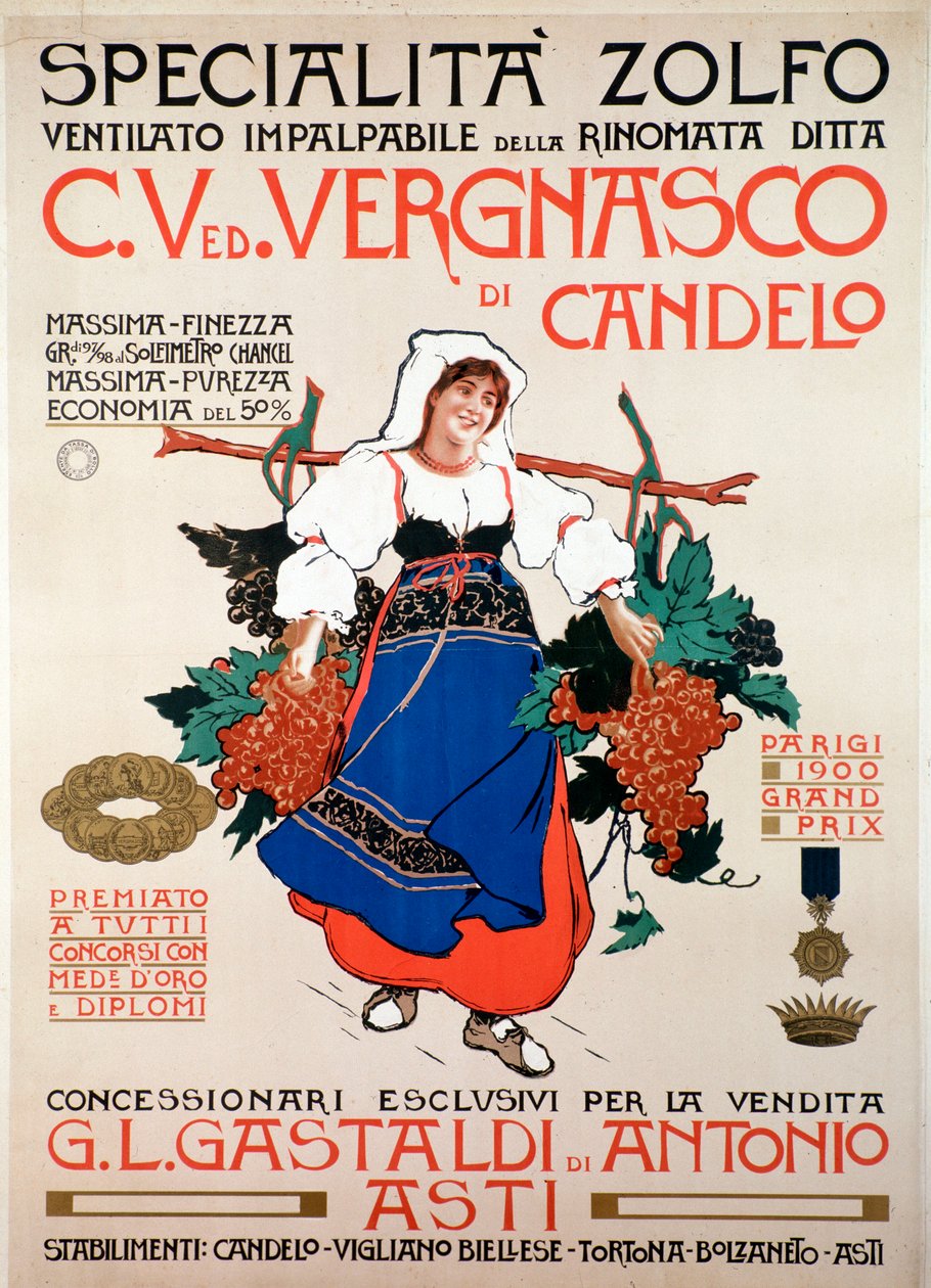 Annonsaffisch för svampdödande svavel som tillverkats av det italienska företaget Vergnasco Candelo, 20th Century av Anonymous Anonymous