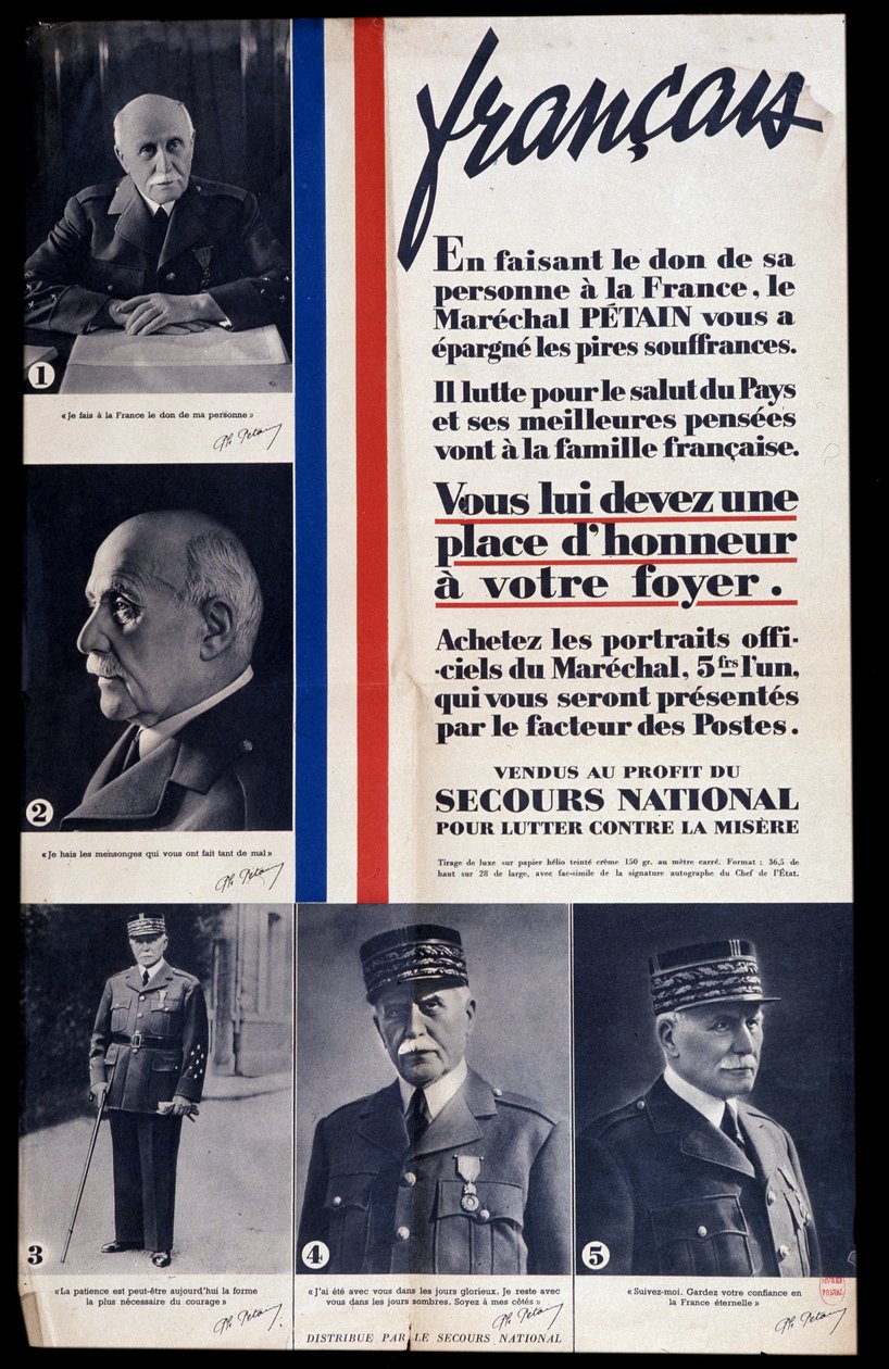 Annonsaffisch för försäljning av porträtt av marskalk Philippe Petain under andra världskriget och prisande av Petain (säljs till förmån för nationell hjälp för att bekämpa fattigdom) av Anonymous Anonymous