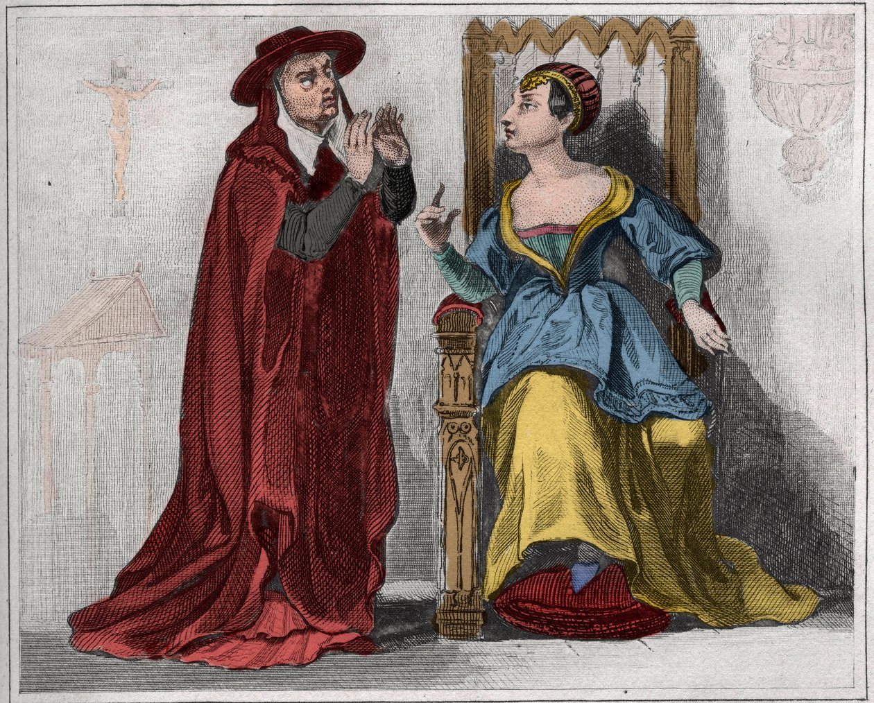 Agnes Sorel (1422-1450) (Lady of Beaute sur Marne) (Beaute-sur-Marne) med en kardinal. Gravyr från 1859 i "" Le Monde. Alla folks historia från de mest avlägsna tiderna till våra dagar”. av M. E. de Lostalot-Bachoue (Lostalot Bachoue). . av Anonymous Anonymous