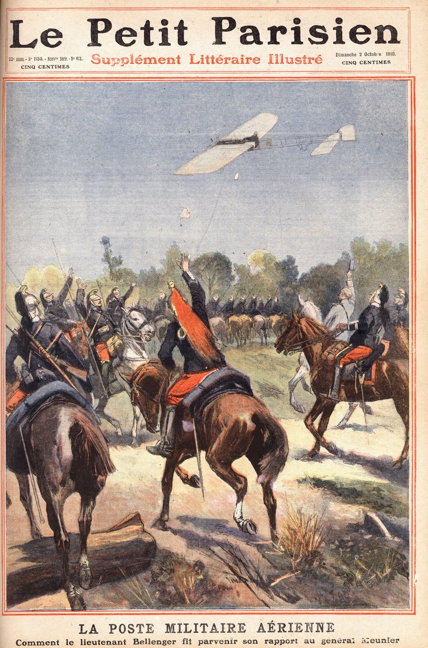 Luftmilitärpost: hur löjtnant Georges Bellenger (1878-1977) skickade sin rapport till general Meunier, förstasidan av tidningen "Le petit parisien" den 2/10/1910 (gravyr) av Anonymous Anonymous