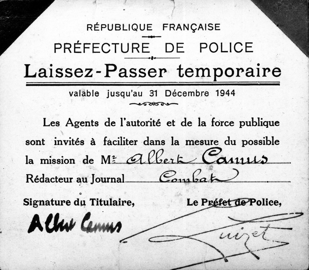 Albert Camus tillfälligt pass, giltigt till 31 december av Anonymous Anonymous