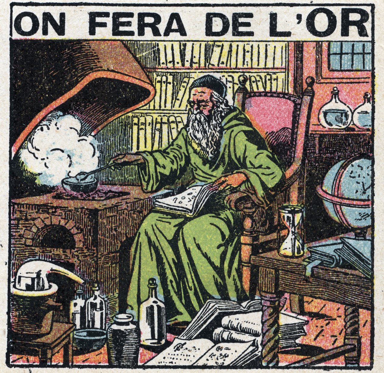 Alkemist från medeltiden i sitt laboratorium som vill göra guld. Anonym illustration från 1925. Privat samling. av Anonymous Anonymous