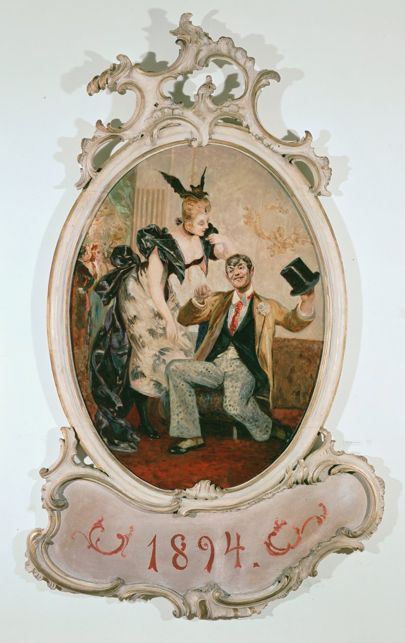 Alexander Girardi och Marie Geistinger som doktor Falke och Rosalinde i Johann Strauss opera Fladdermusen ... (olja på kartong) av Anonymous Anonymous