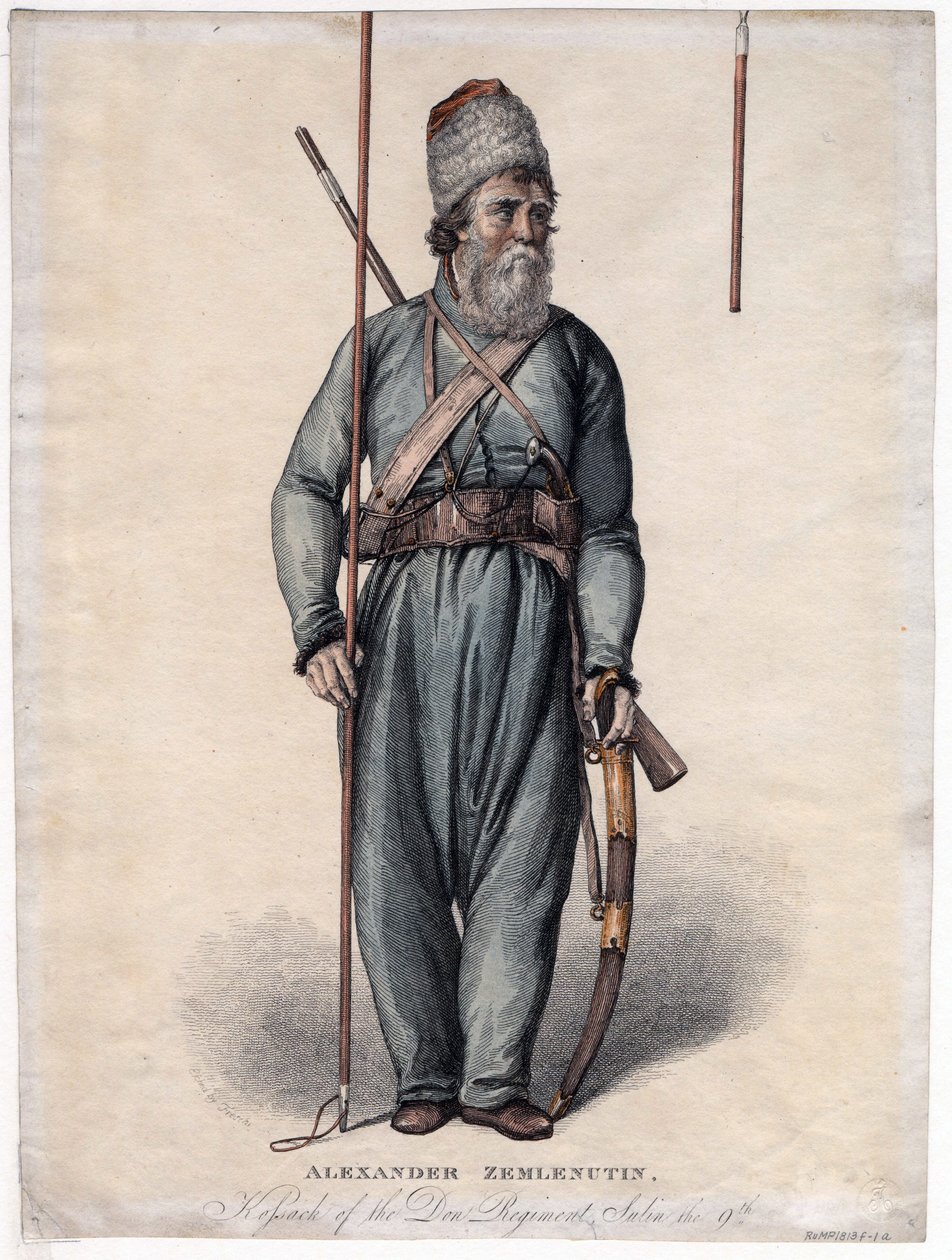 Alexander Zemlyanukhin, kosack från Don-regementet - Anonym - ca 1813 - Etsning, akvarell - 34,3x25,3 - Privat samling av Anonymous Anonymous