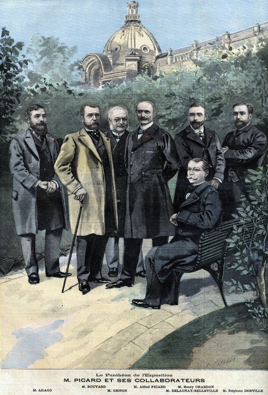 Alfred Picard generalkurator för 1900 års utställning med sina medarbetare Delaunay Belleville, Stephane Derville, Bouvard, Grison och Francois Arago av Anonymous Anonymous