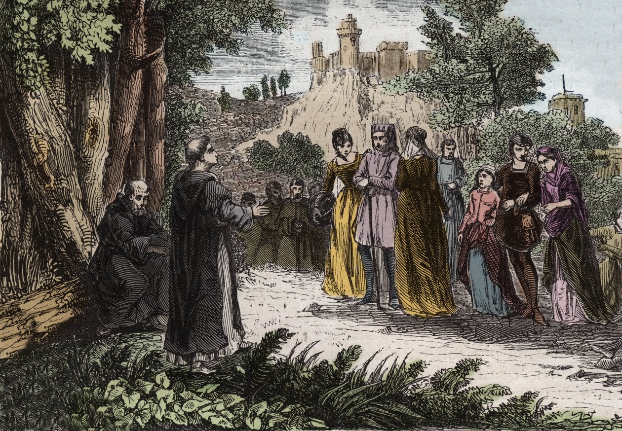 Alibgensisk kätteri - St. Dominicus predikar för albigenserna - Saint Dominica (Dominica de Guzman) (1170-1221) predikar för albigeoisarna - Gravyr från 1846 i "De heligas liv"". Privat samling. av Anonymous Anonymous
