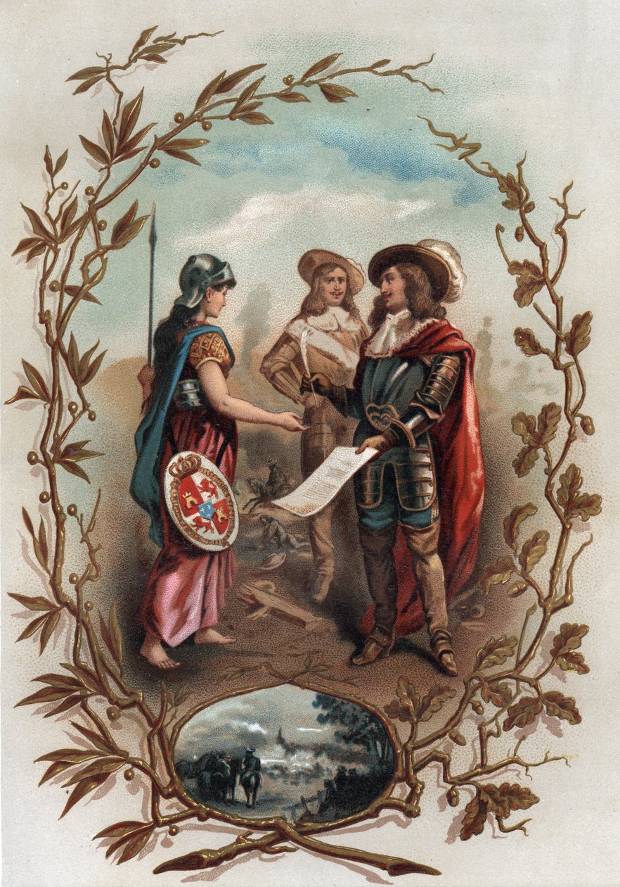 Allegori angående Aachenfördraget. Undertecknad den 2 maj 1668 mellan Frankrike och Spanien, avslutade han devolutionskriget och gav Flandern till Frankrike. Kromolitografi i "" Turenne; sa vie, les institutions militaires de son temps”” (1884) av Jules Ro av Anonymous Anonymous