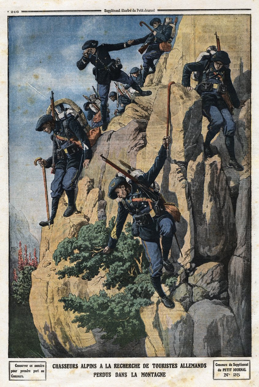 Alpjägare letar efter vilsna tyska turister. De ville åka till berget Nero (Helmet du Nero) i Chartreuse-massivet. Gravyr i "" Le Petite Journal"", den 7/07/1912. Privat samling. av Anonymous Anonymous